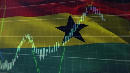 Animation of financial data processing over flag of ghana - Powered by Adobe