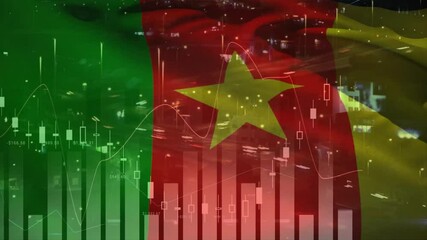 Animation of financial data processing and flag of cameroon over cityscape - Powered by Adobe
