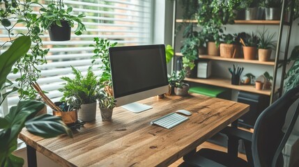 Fototapeta premium Modern Home Office Desk with Plants and Computer