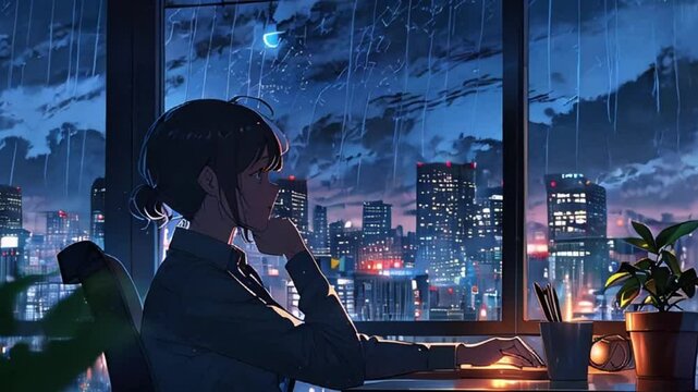 Lofi illustration style of a girl working near a window, moonlight night, and the city of light. Generated with AI