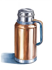A vintage-style copper thermos with a blue handle and silver lid against a white background.