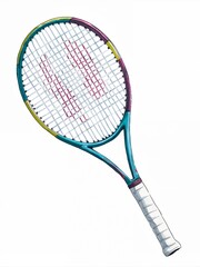 A teal and yellow tennis racket with a white grip is isolated on a white background.