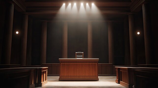 Empty courtroom with judge's bench and spotlights in dark wood-paneled interior