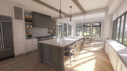 Modern Kitchen with Island, Cabinets, and Windows