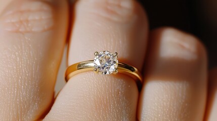 Obraz premium Diamond Engagement Ring on Finger Close Up View