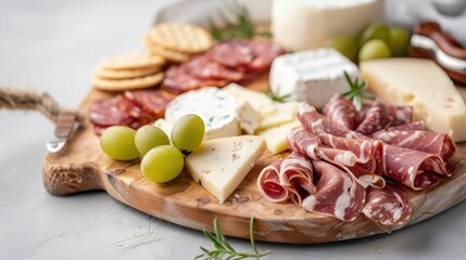 A charcuterie board with prosciutto, salami, assorted cheeses, crackers, and grapes.