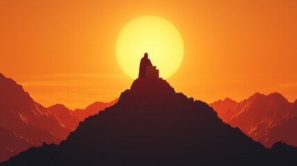 Silhouette of a Person Sitting on a Mountaintop at Sunset