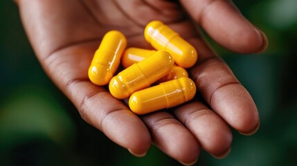 Close-up of a hand holding several yellow capsules against a vibrant background, representing health and wellness.