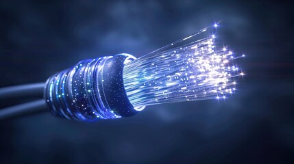 Illuminated fiber optic cable with light streaming from end on dark background