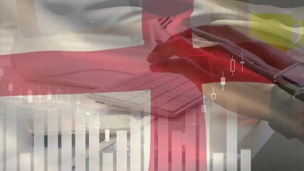 Animation of financial data processing and flag of england over african american businessman - Powered by Adobe