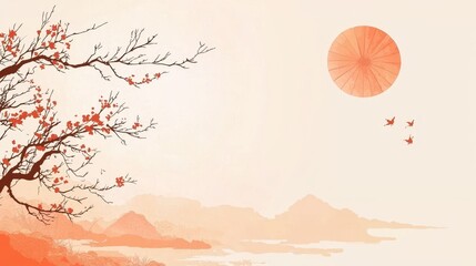 Obraz premium Watercolor Painting of a Branch with Flowers and a Mountain Range