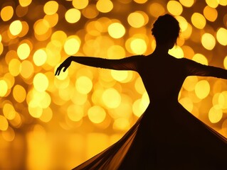 A graceful silhouette of a dancer surrounded by shimmering golden lights, creating a mesmerizing and enchanting atmosphere.