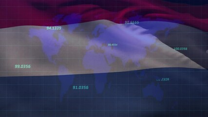 Animation of financial data processing with world map over flag of netherlands - Powered by Adobe