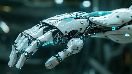 Robotic hand or prosthetic limb with exposed inner mechanisms on dark background