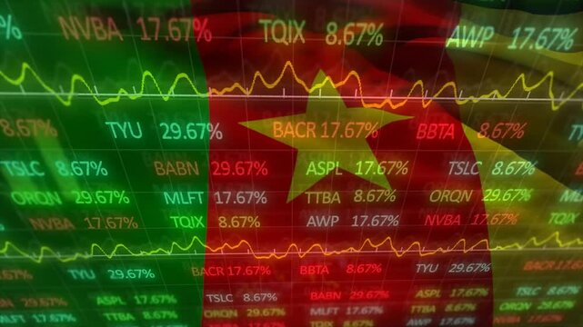 Animation of financial data processing over flag of cameroon - Powered by Adobe