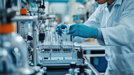 young engineer man assembling a hydrogen fuel cell in a high-tech lab, tools and equipment in focus