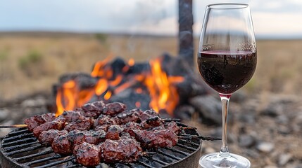 Grill and Wine Cup Integrated in a Ribbon Design. A creative illustration combining a grill and a wine cup seamlessly within a ribbon motif. 