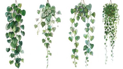 String of Pearl and String of Heart plants showcased in a watercolor collection. Concept Houseplants, Watercolor Art, String of Pearls, String of Hearts, Botanical Illustration