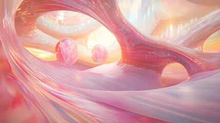 Abstract Pink and White 3D Render of Curving Shapes with Spheres