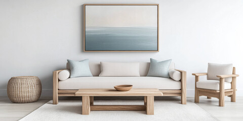 Fototapeta premium Mediterranean living room interiors in a luxury villa with coastal decor and minimal furniture. Coastal interior design composition with natural lighting.