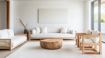 Mediterranean living room interiors in a luxury villa with coastal decor and minimal furniture. Coastal interior design composition with natural lighting.