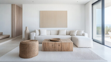 Mediterranean living room interiors in a luxury villa with coastal decor and minimal furniture. Coastal interior design composition with natural lighting.