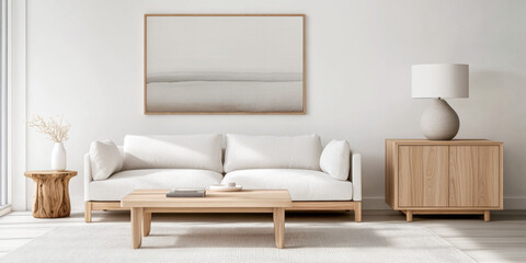 Mediterranean living room interiors in a luxury villa with coastal decor and minimal furniture. Coastal interior design composition with natural lighting.