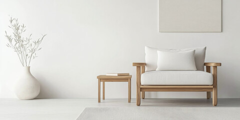 Mediterranean living room interiors in a luxury villa with coastal decor and minimal furniture. Coastal interior design composition with natural lighting.