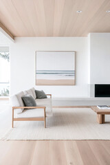 Mediterranean living room interiors in a luxury villa with coastal decor and minimal furniture. Coastal interior design composition with natural lighting.