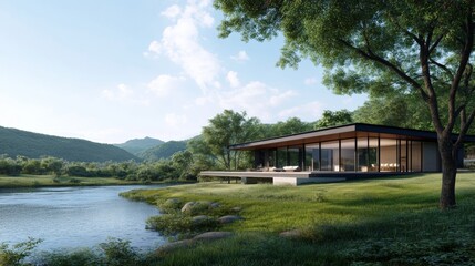 A contemporary villa design with a 3D model