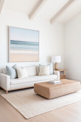 Naklejka premium Mediterranean living room interiors in a luxury villa with coastal decor and minimal furniture. Coastal interior design composition with natural lighting.