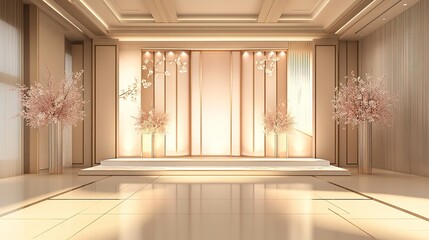 Luxurious Korean Engagement Party Decorations in a Spacious Empty Hall with a Grand Stage. An elegant setting featuring sophisticated decorations, opulent furnishings, and a beautifully arranged stage