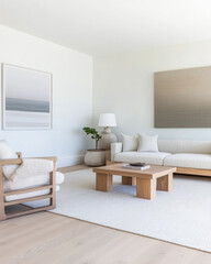 Obraz premium Mediterranean living room interiors in a luxury villa with coastal decor and minimal furniture. Coastal interior design composition with natural lighting.