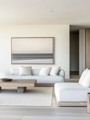 Fototapeta premium Mediterranean living room interiors in a luxury villa with coastal decor and minimal furniture. Coastal interior design composition with natural lighting.