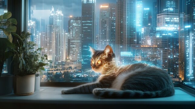 A cybernetic cat with glowing circuitry and sleek design