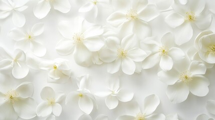 A serene arrangement of delicate white flowers on a dynamic white backdrop, offering a calming and elegant floral background for decor