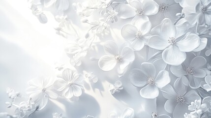 A serene arrangement of delicate white flowers on a dynamic white backdrop, offering a calming and elegant floral background for decor