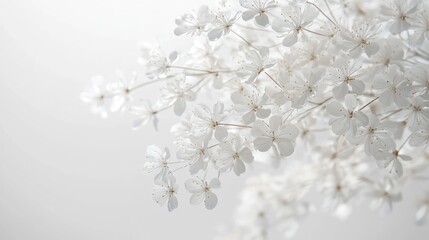 Delicate white flowers gracefully arranged on a dynamic white background, providing a soft, elegant floral theme for design and decoration
