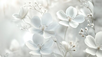 Obraz premium Delicate white flowers gracefully arranged on a dynamic white background, providing a soft, elegant floral theme for design and decoration