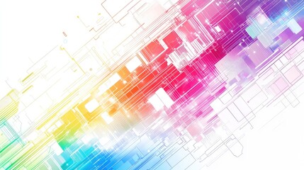Fototapeta premium Detailed abstract technology vector in rainbow colors, featuring intricate shapes and patterns on a bright white background