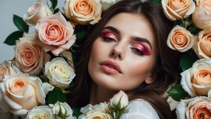 Obraz premium A woman with long hair is standing in front of a wall of orange pink and white roses