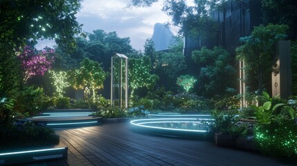 A futuristic garden with bioluminescent plants and holographic gardening tools
