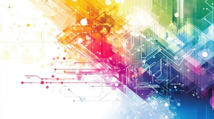 Obraz premium Rainbow-colored abstract technology vector design, filled with intricate patterns and shapes, set against a white background