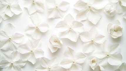 Soft white flowers arranged on a dynamic white backdrop, creating a serene and calming floral design background for elegant decor