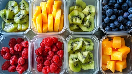 Meal prep containers filled with fresh fruits including kiwi, raspberries, blueberries, and mango, ideal for healthy snacking or meal planning.