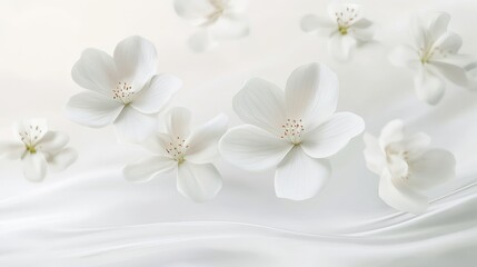Fototapeta premium Soft white flowers floating on a dynamic white background, providing a serene and elegant floral background for design and decoration purposes