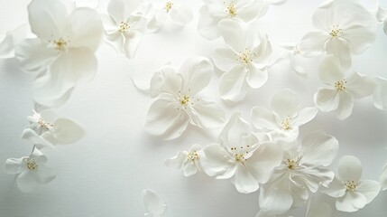 Obraz premium Soft white flowers floating on a dynamic white background, providing a serene and elegant floral background for design and decoration purposes