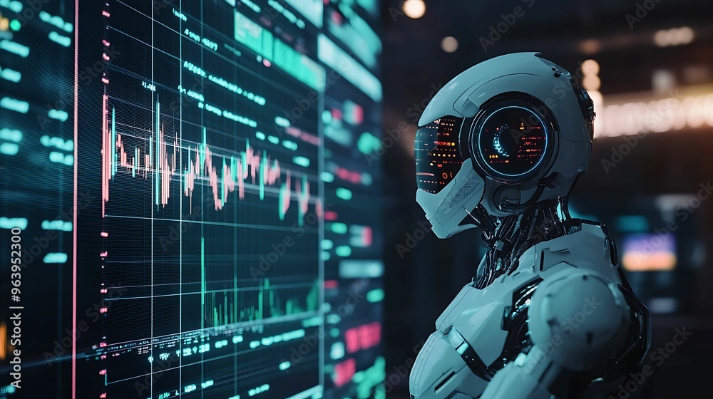 Wall mural advanced ai robot reviewing digital stock charts with fluctuating data, symbolizing artificial intel