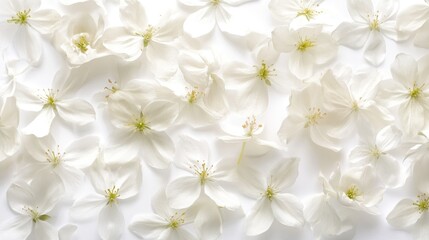 White flowers scattered across a dynamic white background, providing a soft and elegant floral design, perfect for decoration or design use