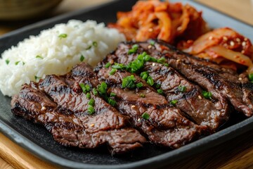 Thin slices of Korean BBQ beef, grilled and served with kimchi and rice